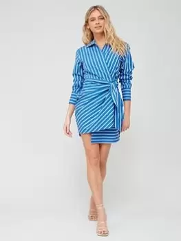 Image of Tommy Hilfiger Cotton Stripe Short Wrap Shirt Dress - Blue Size 40, Women