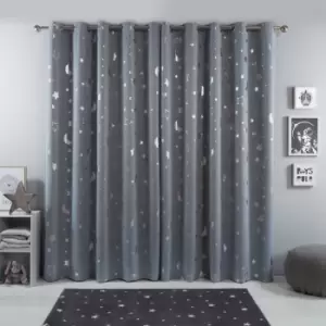 Image of Dreamscene Star Blackout Curtains Pair Eyelet Ready Made Kids Silver - 46"x72"