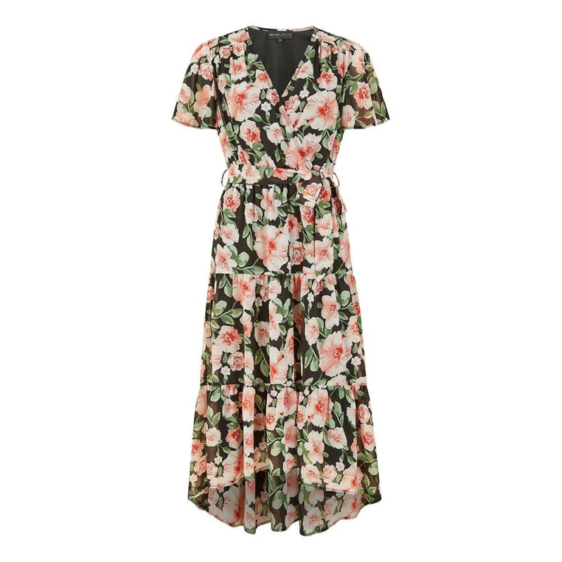 Image of Mela Black Floral Wrap Dress With Tiered Dipped Hem Black female