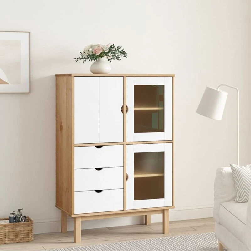 Image of vidaXL Highboard Otta Brown and White 85x43x125cm Solid Wood Pine, White 351308