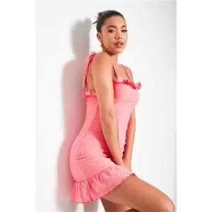 Image of I Saw It First Hot Pink Broiderie Tie Strap Ruffle Mini Dress - Pink