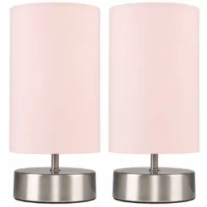 Image of Minisun - 2 x Chrome Touch Dimmer Bedside Table Lamps with Light Shades - Pink