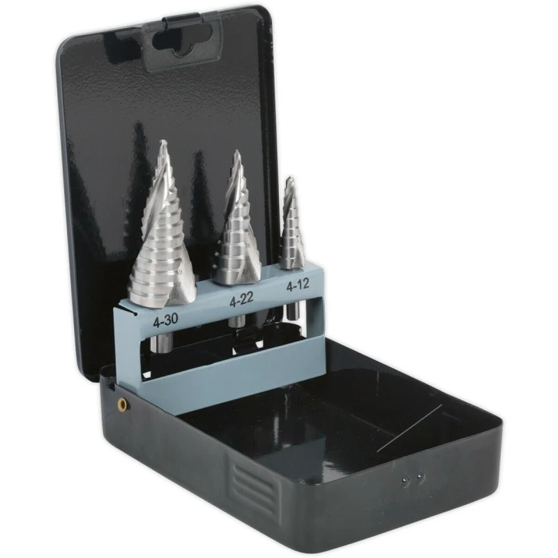 Image of Loops 3 Piece HSS 4341 Spiral Flute Step Drill Bit - 3 Sizes - Precision Hole Drilling Multi