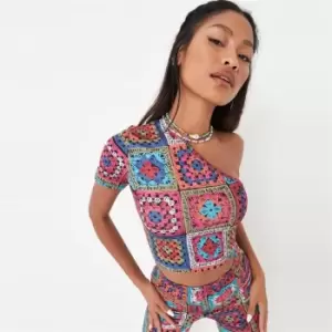 Image of Missguided Crochet Look One Shoulder Crop Top - Multi
