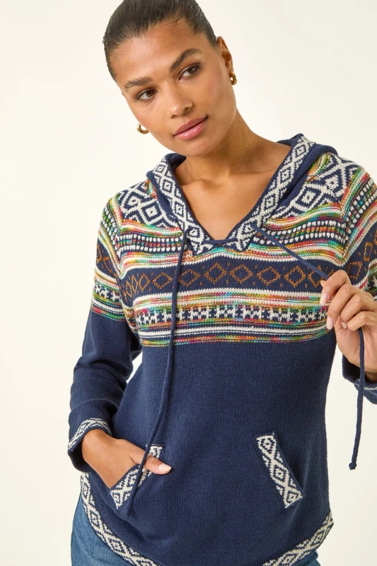 Image of Roman Womens Nordic Print Hooded V-Neck Jumper in Midnight Size: 16 Midnight Female 16