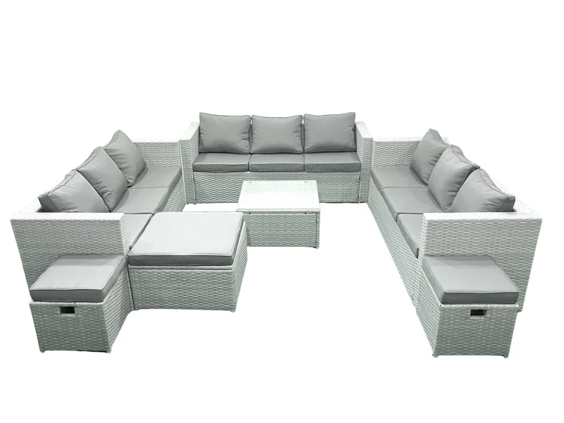 Image of Fimous Rattan Garden Outdoor Furniture Set 12 Seater Rattan Garden Sofa Set with 3 Footstools Light Grey Mixed Light Grey