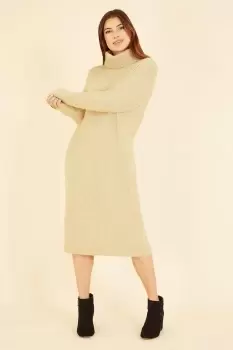 Image of Camel Roll Neck Knitted Midi Jumper Dress