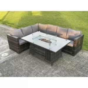 Image of Fimous 6 Seater Outdoor Dark Grey Rattan Lounge Complete Sofa Set with Gas Fire Pit Table and Heater