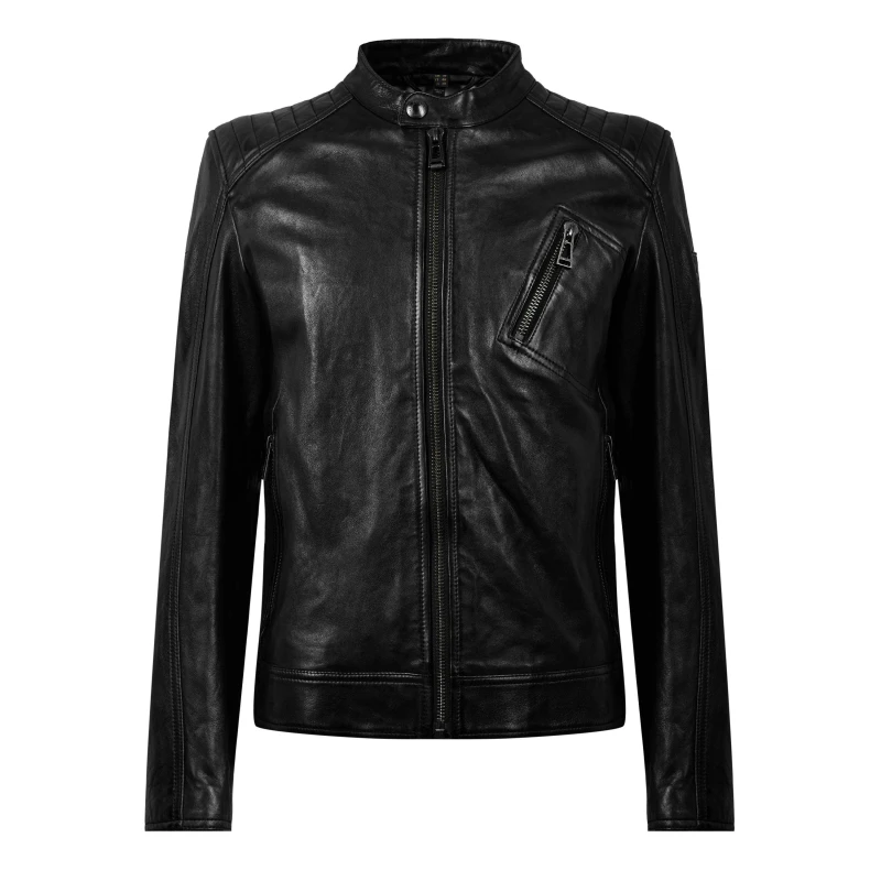 Image of Belstaff Mens V Racer Water-Repellent Leather Long Sleeve Slim Fit Leather Jacket Black male L (50)