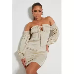 Image of I Saw It First Satin Ruched Tie Corset Balloon Sleeve Bodycon Dress - White