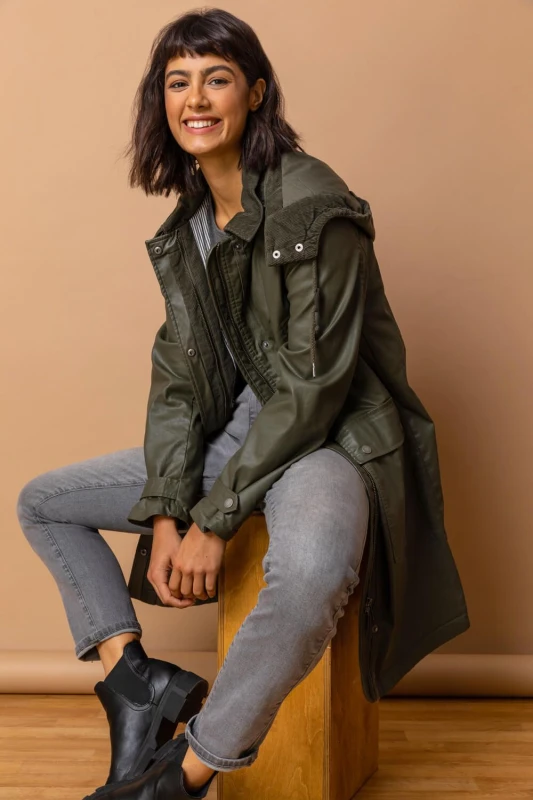 Image of Roman Waxed Longline Hooded Coat Khaki female