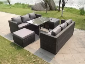 Image of Fimous 6 Seater Outdoor Dark Grey Rattan Lounge Complete Sofa Set with Dining Table and 2 Big Footstool