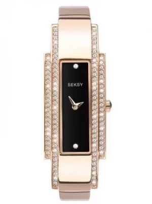 Image of Sekonda Ladies Seksy Rose Gold Plated Stone Set Black Rectangle...