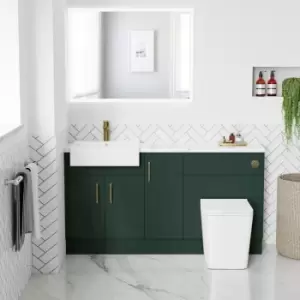 Image of 1500mm - 1800mm Green Toilet and Sink Unit with Marble Worktop and Brushed Brass Fittings - Coniston