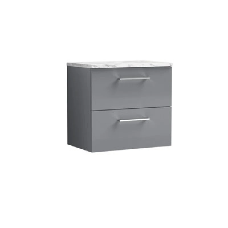 Image of NUIE Arno Wall Hung 2-Drawer Vanity Unit with Carrera Marble Worktop 600mm Wide - Satin Grey - Nuie ARN2224LCM