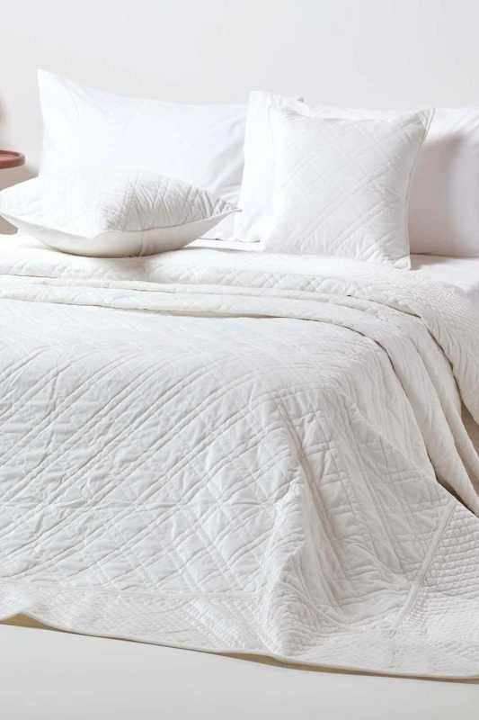 Image of Homescapes Luxury Quilted Velvet Bedspread Geometric Pattern Throw Cream
