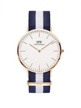 Image of Daniel Wellington Glasgow White And Rose Gold Detail 40Mm Dial Blue And White Stripe Nato Strap Watch