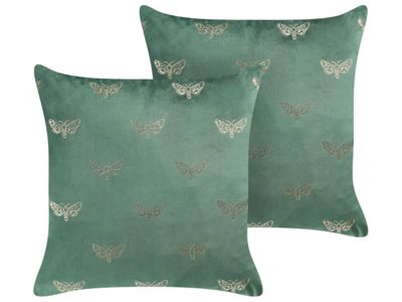 Image of Beliani Set Of 2 Decorative Cushions Yuzuri Velvet 45 X 45cm Emerald Green Animal Pattern