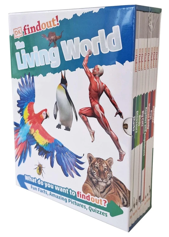 Image of DKfindout!: The Living World Collection 8 Books Box Set (Animals, Bugs, Human Body, Reptiles and Amphibians, Big Cats, Birds, Dinosaurs & Sharks) DK B