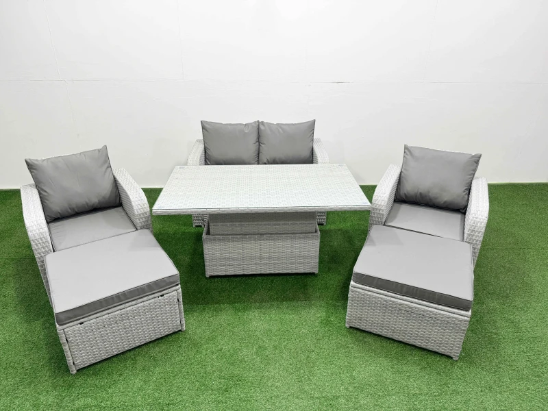 Image of Fimous Light Grey PE Wicker Rattan Garden Furniture Set Sofa Set Reclining Chair Adjustable Lifting Dining or Coffee Table 6 Seater 2 Big Stools Light