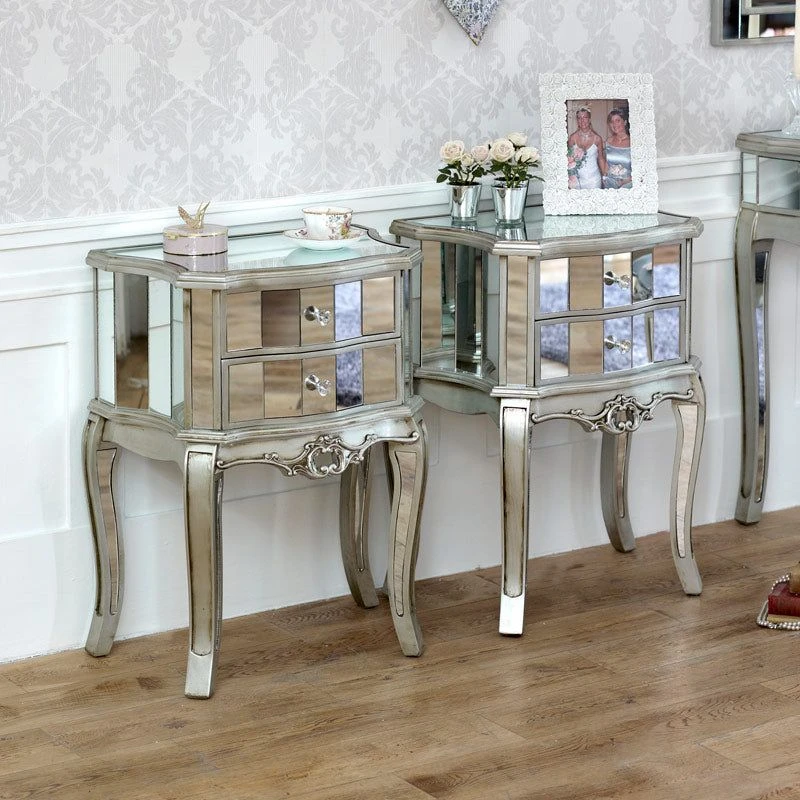 Image of Melody Maison Pair Of Mirrored 2 Drawer Bedside Tables - Tiffany Range Metallic Silver