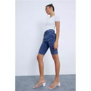 Image of I Saw It First Mid Wash Thigh Rip Denim Cycling Shorts - Blue