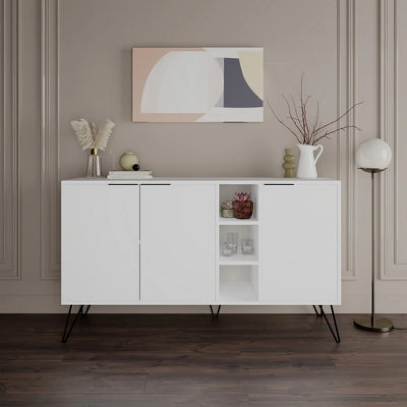 Image of Decortie Clara Sideboard Cabinet Modern Storage Shelves Hairpin Legs White 142Cm