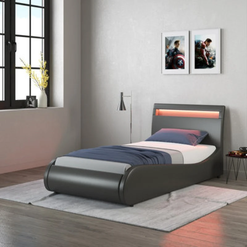 Image of Slumberworx Orion LED Lights Headboard Faux Leather Single Bed Frame (black), Black 5.05574E+12