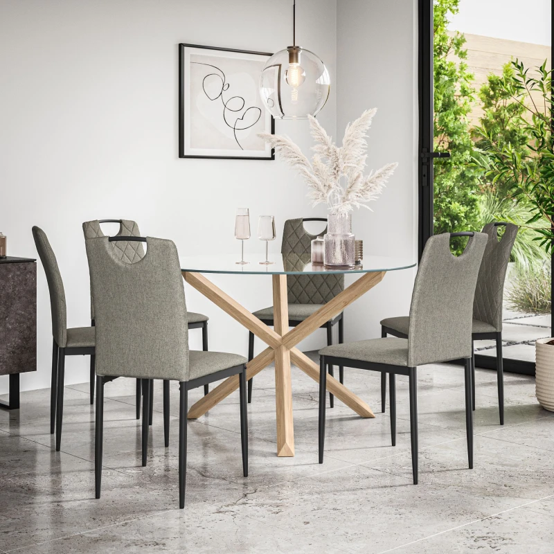 Image of More4Homes Malvern Round Dining Table And Chairs - Clear Glass Table Top W Solid Oak Legs + Monza Fabric Dining Chair Set Of 6 (Grey)