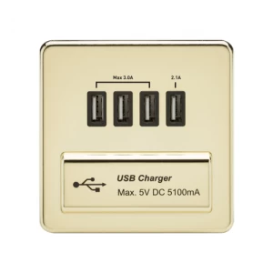 Image of KnightsBridge 1G Screwless Polished Brass Quad USB 5V Charger Outlet - White Insert