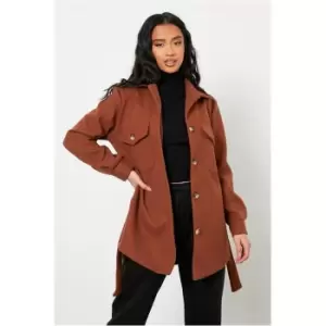 Image of I Saw It First Chocolate Petite Belted Button Detail Shacket - Brown