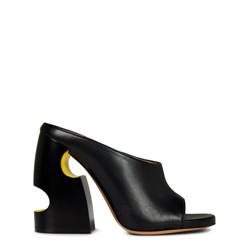 Image of Off White Womens Meteor Leather Sculpted Heel Slip-On Heeled Mules Black/Yellow female 3 (36)