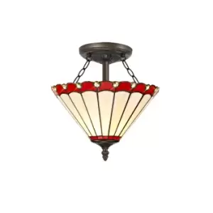 Image of 2 Light Semi Flush Ceiling E27 With 30cm Tiffany Shade, Red, Crystal, Aged Antique Brass