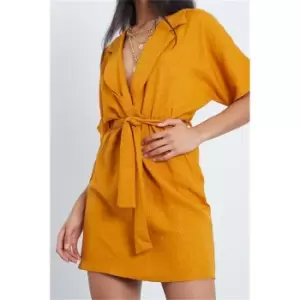 Image of I Saw It First Mustard Linen Look Collared Wrap Belted Skater Dress - Yellow
