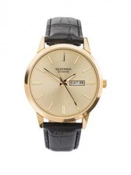 Image of Sekonda Sekonda Gold Sunray Daydate Dial Black Leather Strap Mens Watch