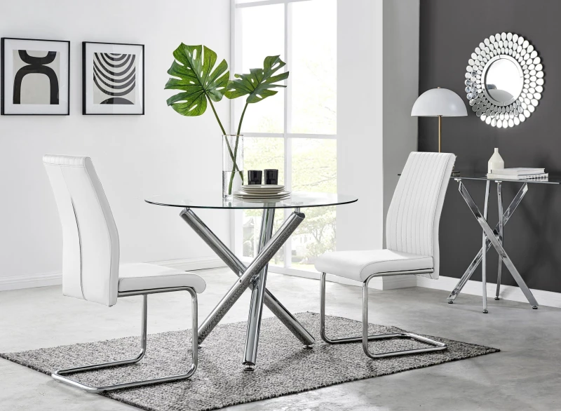 Image of FurnitureboxUK FurnitureboxUK Selina Round Glass And Chrome Metal Dining Table And Lorenzo Chairs Set in Off White Size: 4 Person Off White 4 Person
