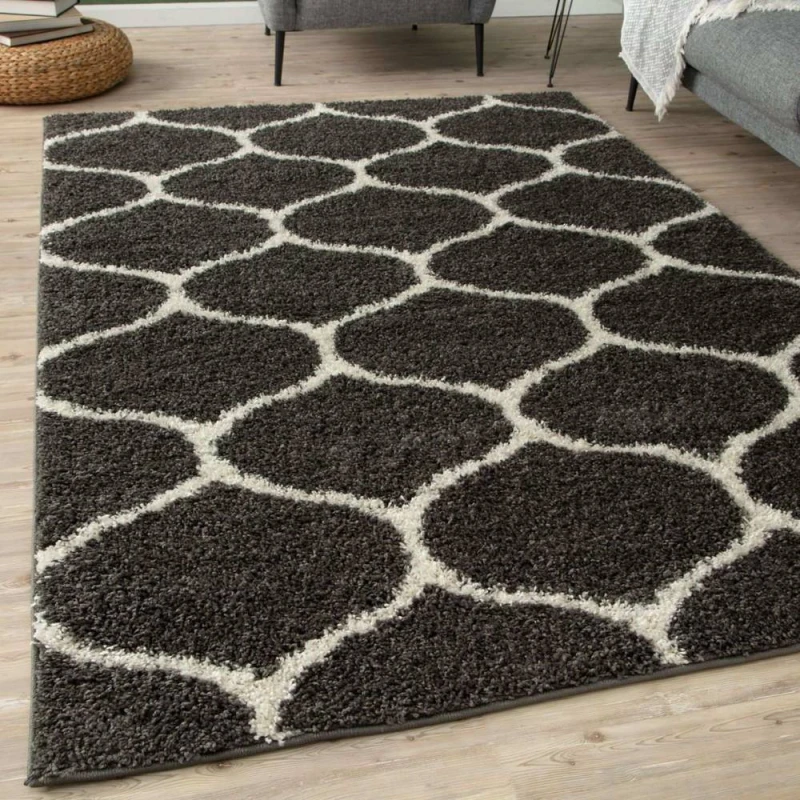 Image of THE RUGS Soft Trellis Shaggy Rugs & Runners Dark Grey Living Room Size: 160cm x 230cm Dark Grey Unisex 160cm x 230 cm