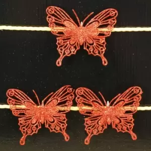 Image of Premier Decorations Ltd - Set of 3, 10cm Wide Christmas Decoration Glitter Butterflies/ Butterfly Clips - Red