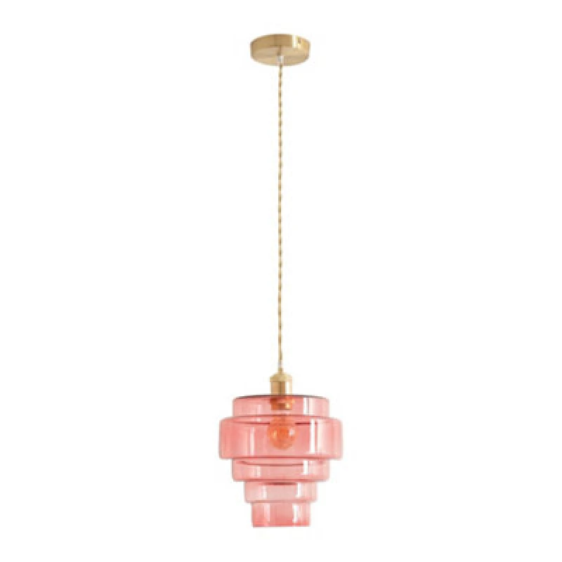 Image of ValueLights ValueLights Lane Glass 5 Tier Shade Brushed Gold Single Ceiling Pendant Light in Bright Pink Bright Pink One Size Unisex 5059406062780