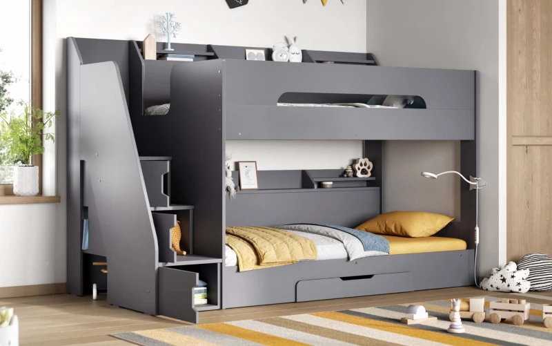 Image of Flair Slick Staircase Bunk Bed with Storage in Grey Size: Single Grey Unisex Single