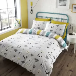 Image of Catherine Lansfield Cool Dogs Grey Reversible Duvet Cover and Pillowcase Set White/Black/Yellow