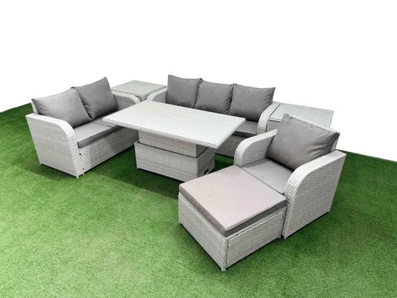 Image of Fimous Patio PE Wicker 7 Seater Outdoor Rattan Furniture Sofa Sets with Adjustable Lifting Dining or Coffee TableBig Footstool 2 Side Table
