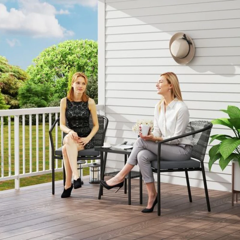 Image of Outsunny 3 PCS Rattan Bistro Set with Cushions Glass Top Coffee Table and Chairs, Grey 863-180V70CG