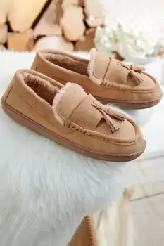 Image of Suede Fur Lined Moccasin Slippers