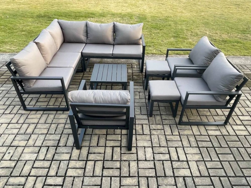 Image of Fimous 10 Seater Outdoor Aluminium Garden Furniture Set Corner Lounge Sofa Set with Square Coffee Table Chair 2 Small Footstools Dark Grey Dark Grey U