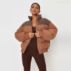 Image of Missguided Brnded Colourblock Os Puffa Coat - Brown