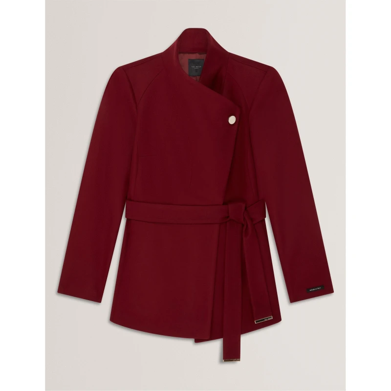 Image of Ted Baker Womens Wool Short Belted Overcoat Maroon female 8 (XS)