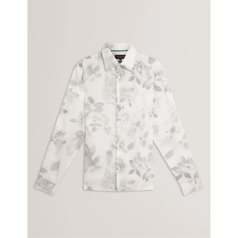 Image of Ted Baker Mens Leaf Print Long-Sleeve Patterned Shirt White male S (2)