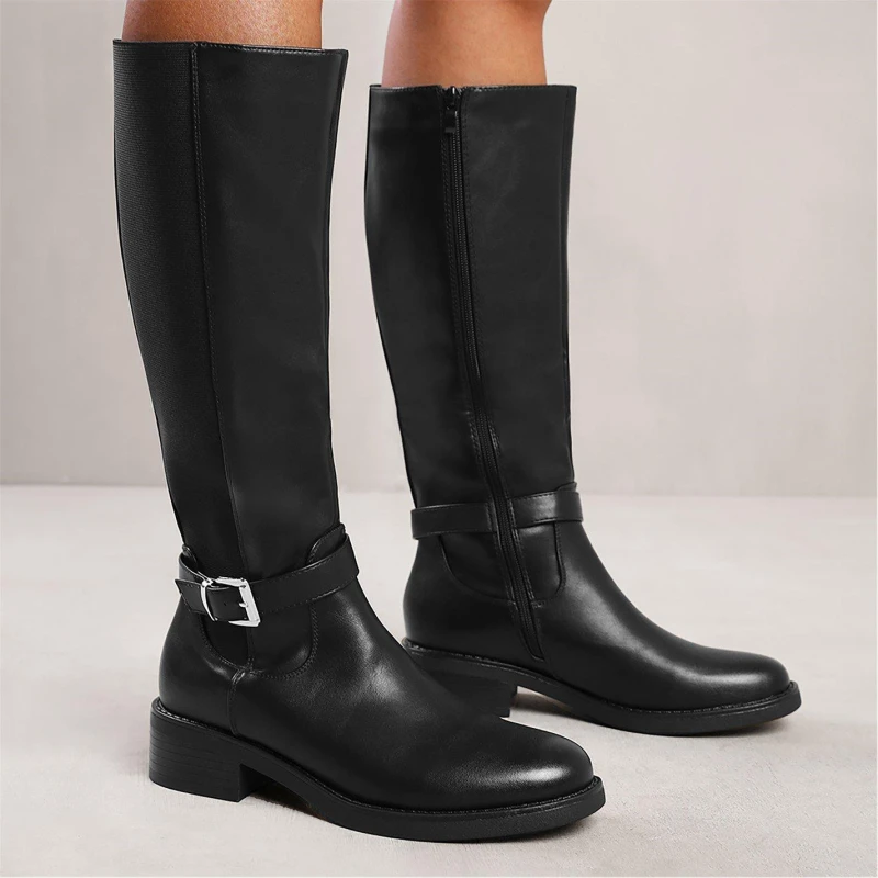 Image of Wheres That From Buckle Detail Knee High Boots Black Pu female 6