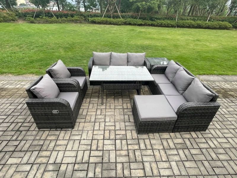 Image of Fimous 7 Piece Rattan Garden Furniture Set with Patio Sofa Rectangular Dining Table Big Footstool Side Table Indoor Conservatory Patio Set Dark Grey U